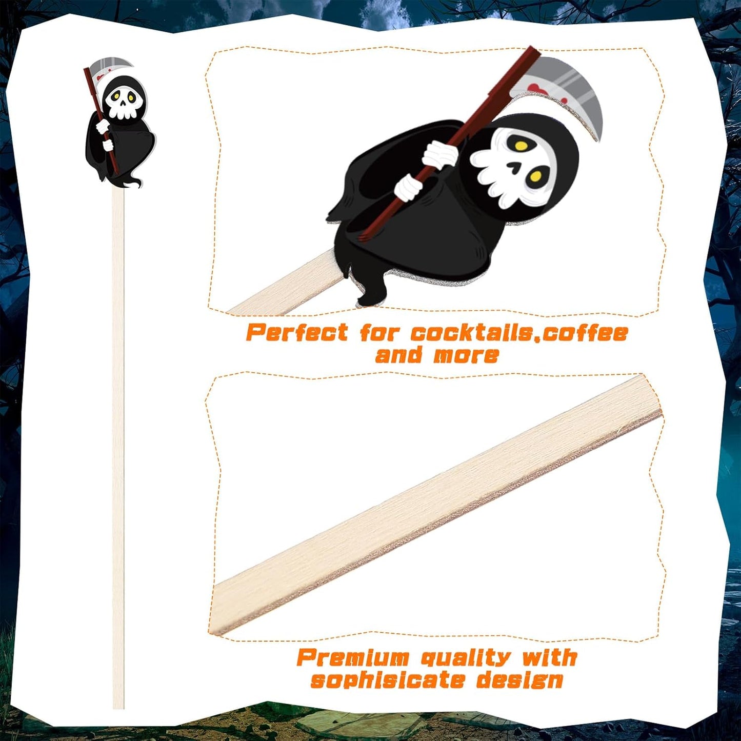 Mifoci 100 Pcs Halloween Wooded Coffee Stirrers Wood Cocktail Coffee Stir Sticks Disposable Swizzle Sticks for Thanksgiving Halloween Party Supplies, 20 Styles