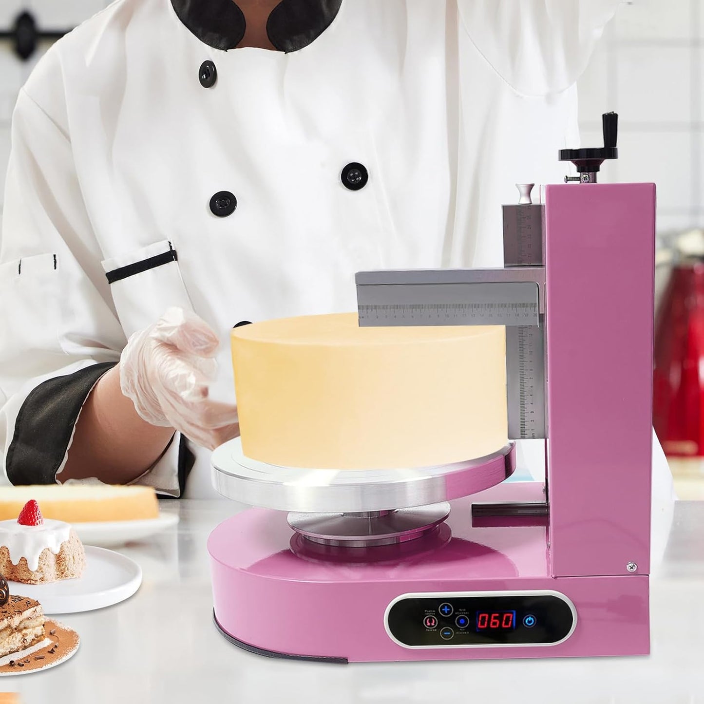 Cake Decorating Machine, 200W Electric Cake Cream Spreading Coating Machine with Adjustable Scraper, Turntable Cake Frosting Smoother, for 4-12in Cake, 60-320RPM (Pink)