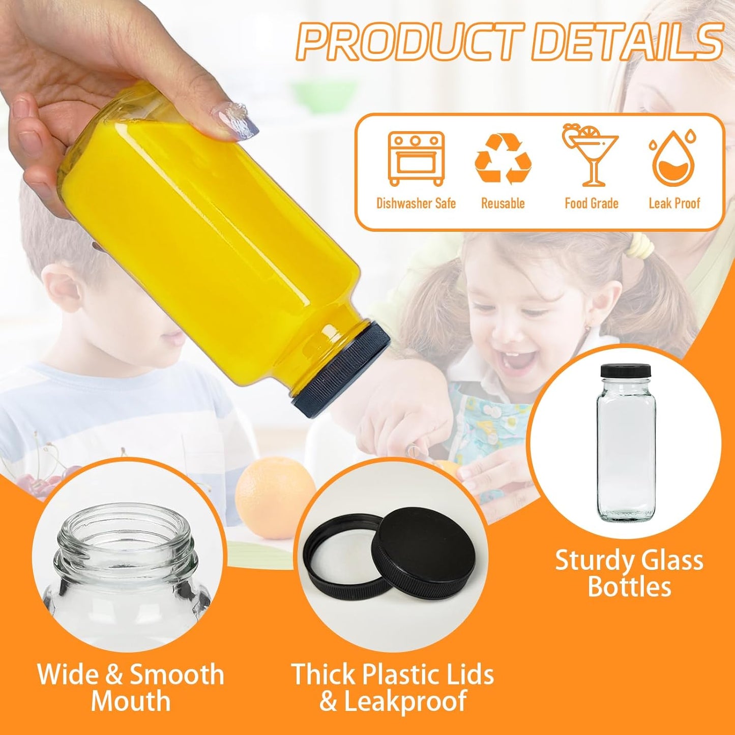 3 Pack 8oz Glass Juice Bottles with Lids, 250ml Reusable Glass Juicing Bottles, Square Drinking Jars Drink Containers with Caps for Water, Milk, Ginger, Kombucha, Beverages