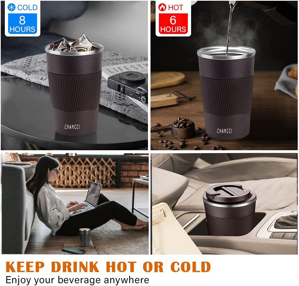 Travel Coffee Mug Spill Proof Leakproof 12 oz Insulated Coffee Mug with Screw Lid, Stainless Steel Vacuum Tumbler Reusable Thermal Coffee Cup to go for Hot and Cold Drinks -380ml, Brown