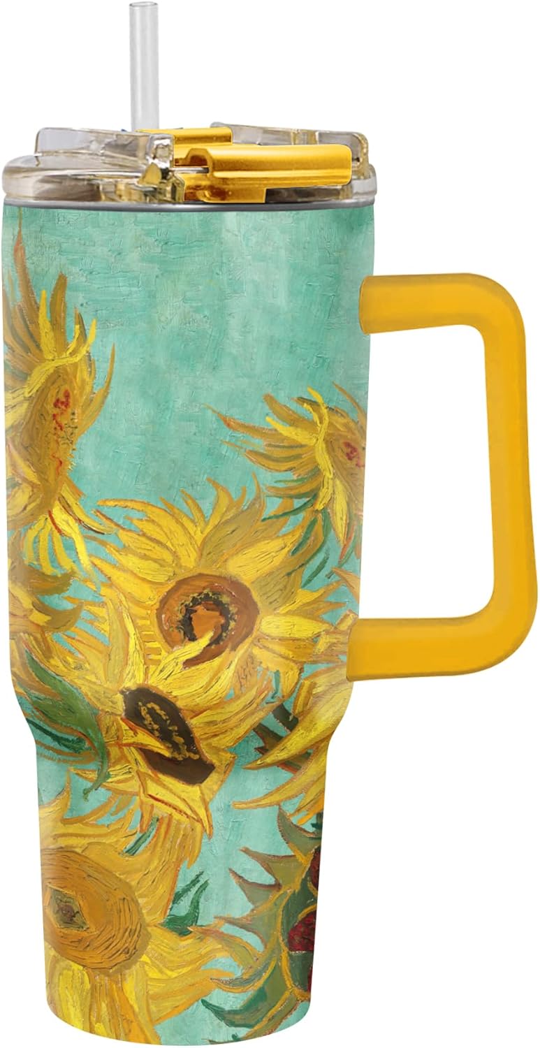 RainCaper 18/8 Stainless Steel Insulated Water Tumbler with Straw | 30oz, BPA-Free, Double Wall for Hot & Cold | Travel-Friendly, Cup Holder Ready (van Gogh Sunflowers)