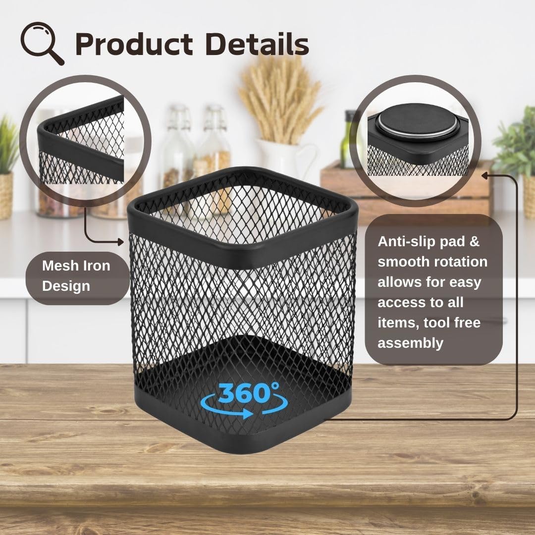 IBERG Rotating Utensil Holder & Coffee Pod Basket - 360° Spinning Base Mesh Metal Organizer for Kitchen Tools (Black Square)