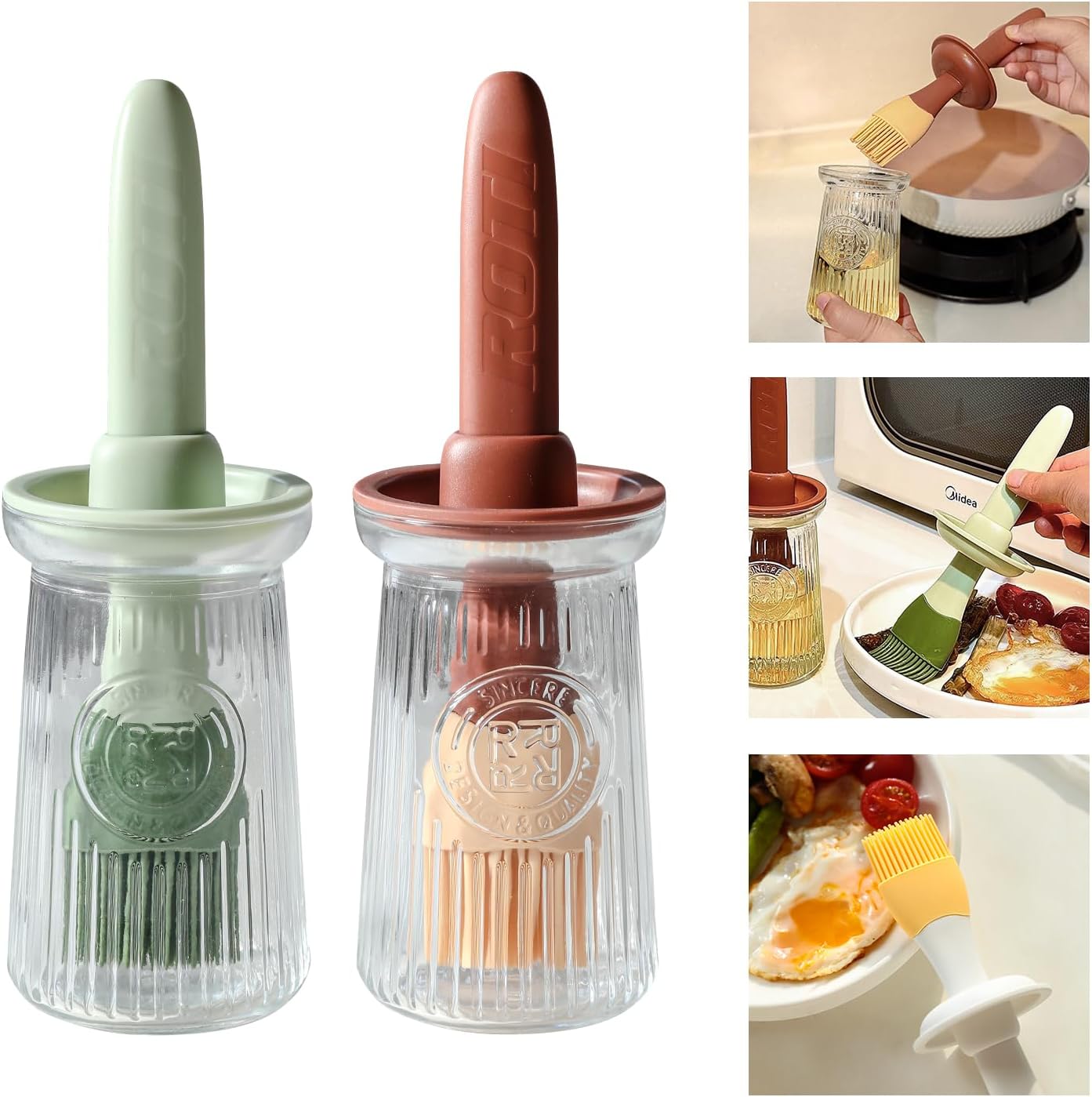 Oil Dispenser with Brush - Glass Olive Oil Dispenser for Kitchen, 3 IN 1 Oil Brush for Cooking with Bottle Silicone Basting Vinegar Sauce BBQ Grill Frying (Brown/Green)