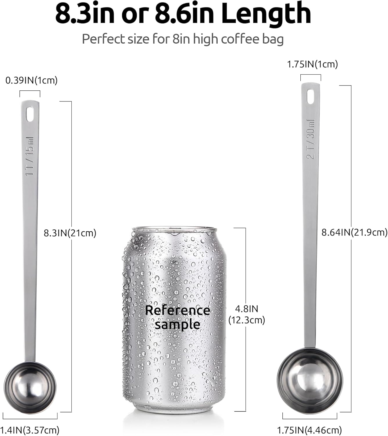 U-Taste Coffee Scoop 1&2 Tablespoon: 18/8 Stainless Steel Measuring Scooper for Ground Coffee, Bean, Powder, Espresso, 6.9in Long Handle Metal Meaure Spoon for Canister, Jar(1&2Tbsp/15&30ml, Silver)