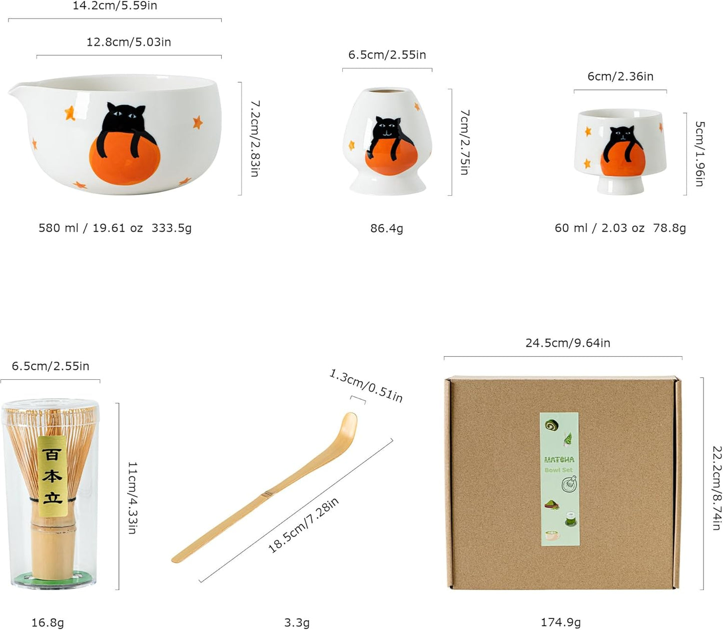 Matcha Set -Cute Cat Matcha Bowl Set with Whisk, Scoop, Whisk Holder & 2 Cups | 6 Pcs Authentic Matcha Tea Ceremony Kit | Great Gift for Tea Lovers