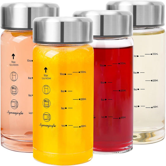 Glass Juice Bottles 4 Pack 12 oz - Wide Mouth Glass Water Bottles with Lids - for Juicing, Smoothies, Milk, Protein, BPA Free, Reusable, Stainless Steel Lids, Leak Proof, Shaker bottle [12oz/400ml]