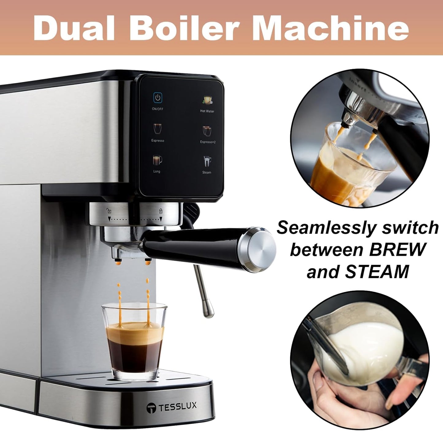 20Bar Espresso Machine with Dual Boiler, LCD Touch Control & Milk Frother| Compact Home Coffee Maker for Café Style Cappuccino & Latte