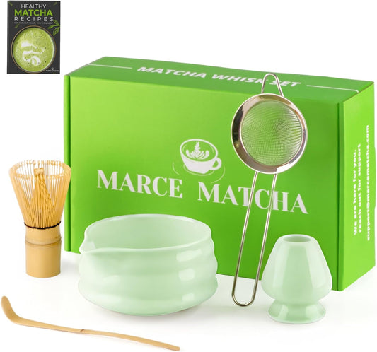 Marce Matcha Whisk Set- Matcha Set includes Matcha Whisk and Bowl with Spout, Sifter, Holder and Scoop- The Perfect Bamboo Whisk for Matcha Tea (Green)