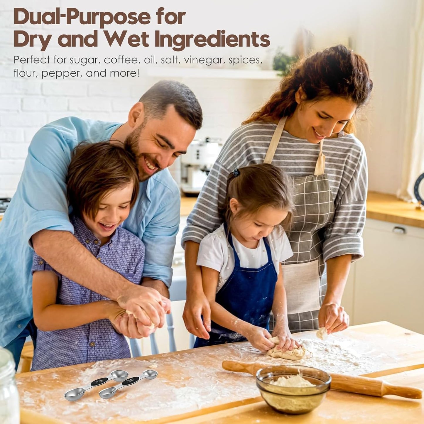 Magnetic Measuring Spoons Set of 8 | Heavy Duty 304 Stainless Steel, Triple Measurement Markings, Strong N52 Magnets, Easy to Clean, Space-Saving with Leveler Included (Black)