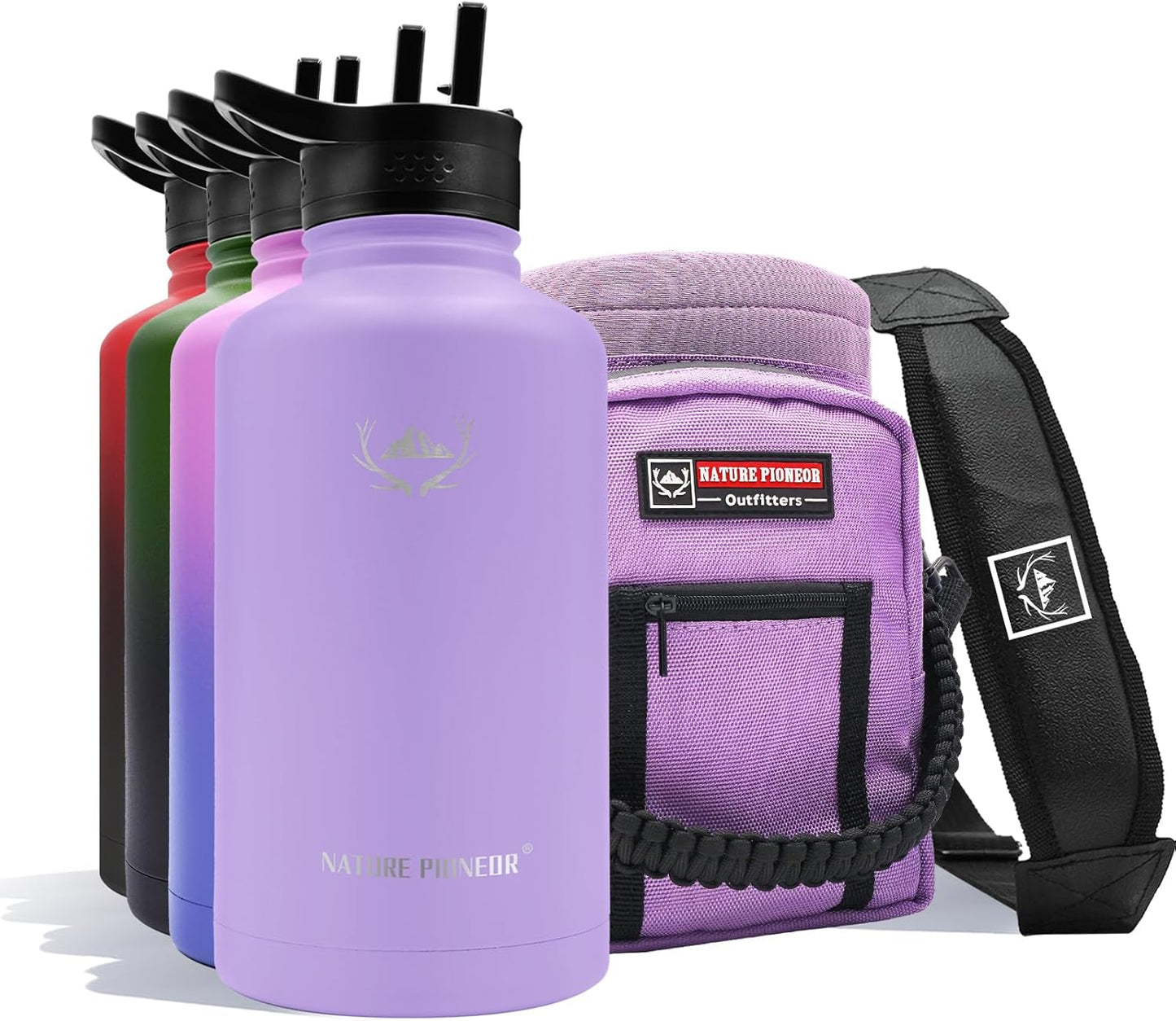 NATURE PIONEOR Insulated Water Bottles with Straw - 64oz Stainless Steel Vacuum Bottle with Holder/Carrier/Sleeve - Reusable 18/8 Food Grade Half Gallon Water Jug