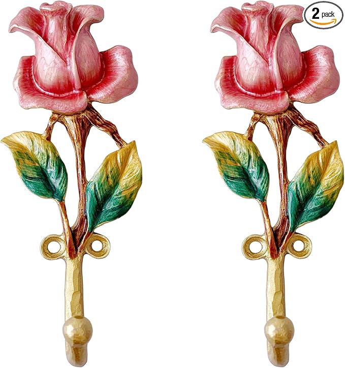 Vintage Rose-Shaped Decorative Wall Hooks, 2 Pack Hand-Painted Floral Metal by Zorues