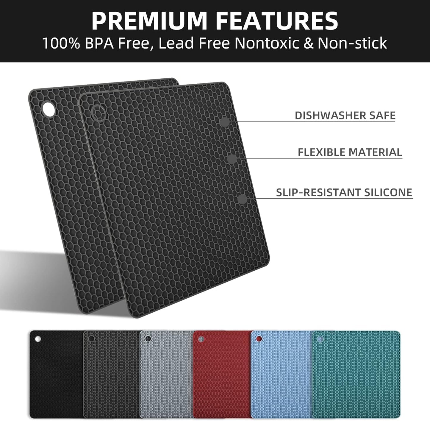 Silicone Trivets Mats, Hot Pads for Pot Holder, Square Trivets for Dishes, Pots and Pans, Multi-Purpose Kitchen Counter Pads, Non-Slip Heat Resistant Mats Set of 4 Blue