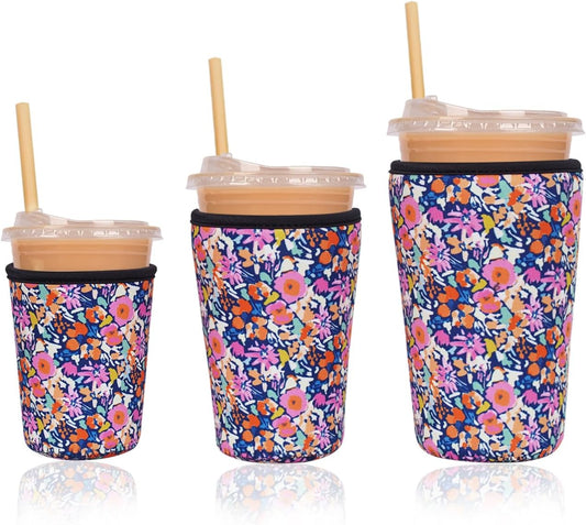 Reusable Insulated Neoprene Iced Coffee Cup Sleeve, Durable Drink Sleeve for Cold Beverages, Beverage Holder for Iced Coffee, Bloom Frenzy
