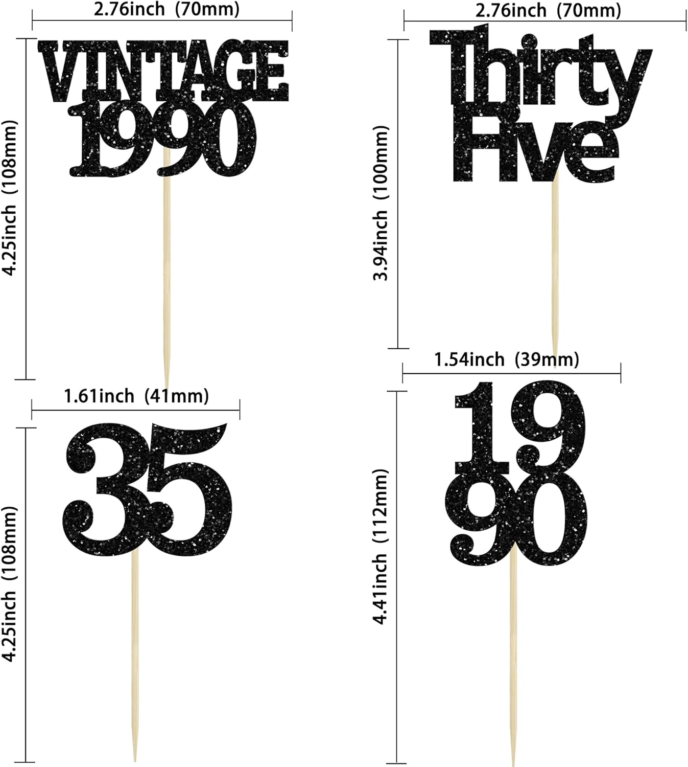 Gyufise 24Pcs Vintage 1990 Cupcake Toppers Glitter Cheers to 35 Fabulous Thirty Five Cupcake Picks 35th Birthday Wedding Anniversary Party Cake Decorations Supplies Black