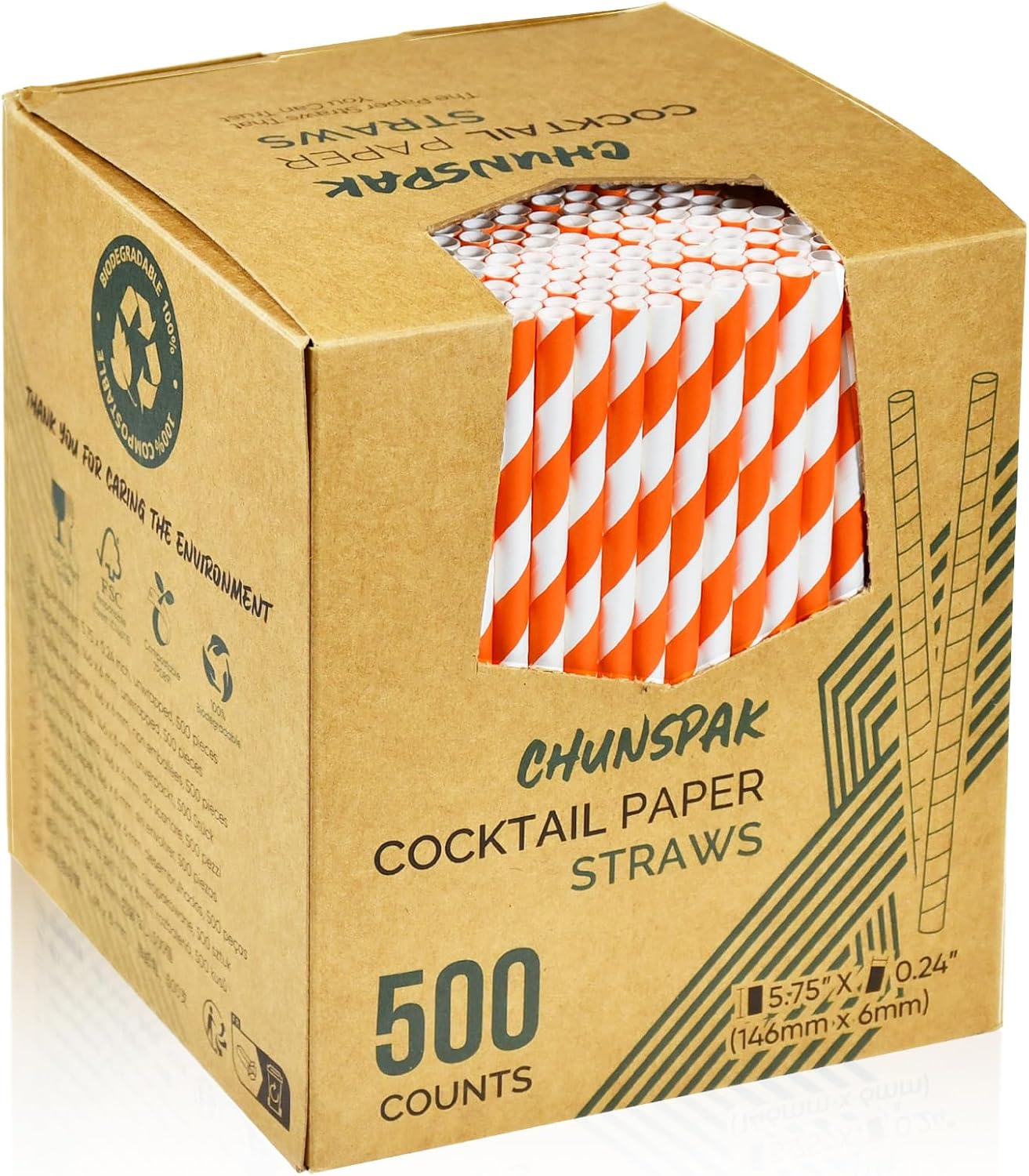 5.75 inch Orange Paper Cocktail Straws, Short Disposable Drinking Straws 500 Counts, Unwrapped - Compostable