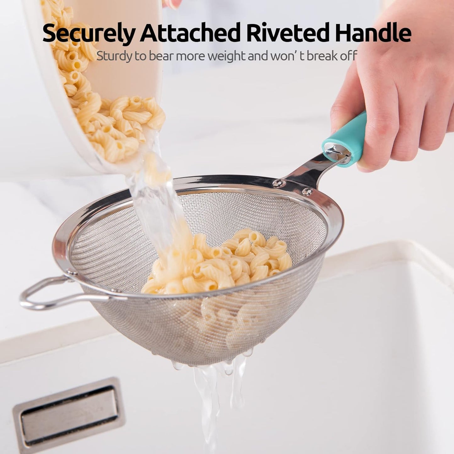 18/8 Stainless Steel Mesh Strainer: U-Taste 5.5 Inch Kitchen Fine Mesh Sieve Food Colander with Riveted Sturdy Silicone Handle and 30 Mesh Hole for Straining Flour, Pasta, Fruit, Quinoa(Aqua Sky)