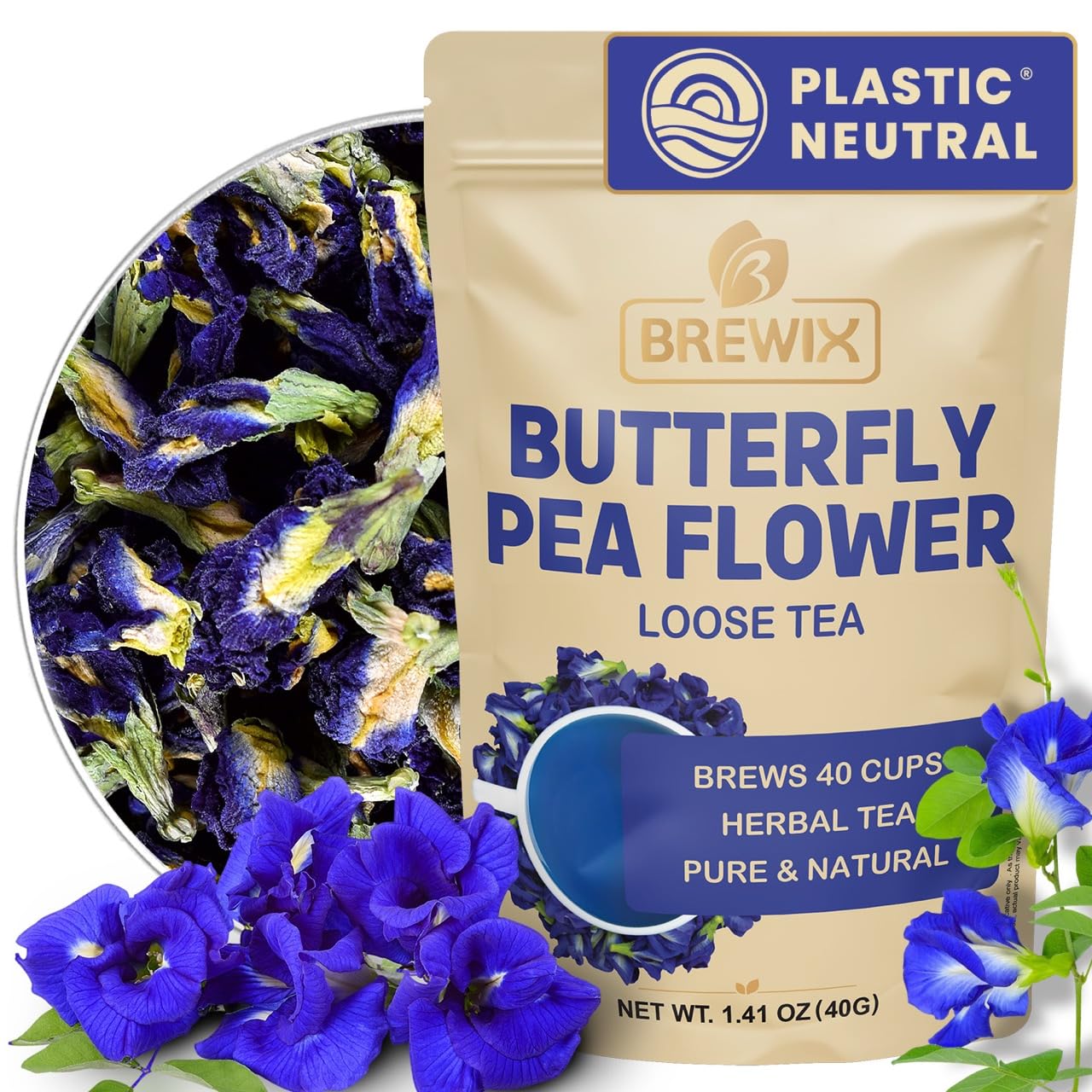 BREWIX, Butterfly Pea Flower Herbal Tea Loose Leaf (40+ Cups,1.41oz/40g) | Caffeine Free | Premium Dried Butterfly Pea Flowers For Blue & Purple Drinks, Food Coloring
