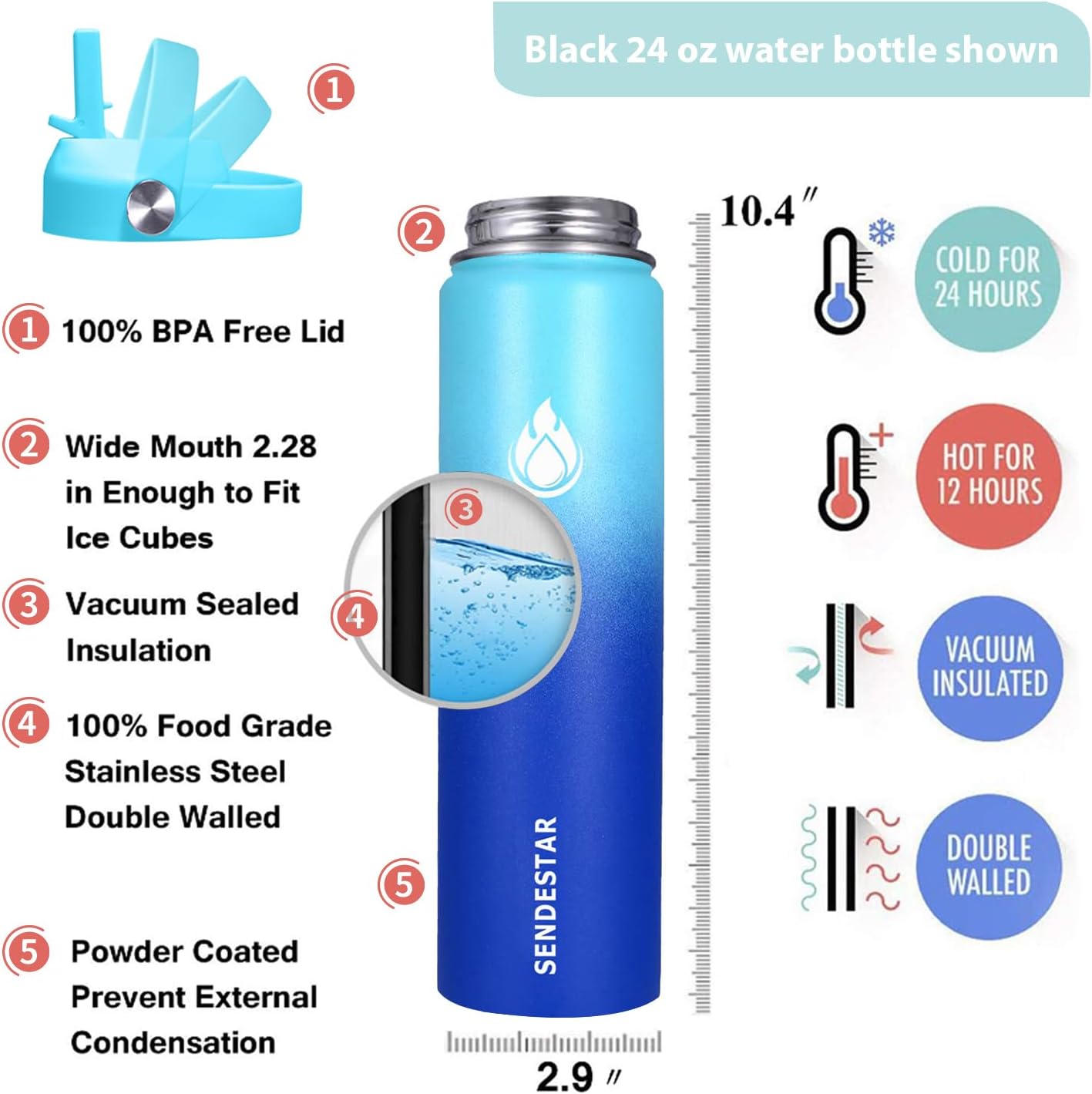 SENDESTAR Stainless Steel Wide Mouth Water Bottle 24oz Double Wall Vacuum Insulated Leak Proof Bottle with New Flex Straw Lid & Spout Lid XIN-MC-0750-1