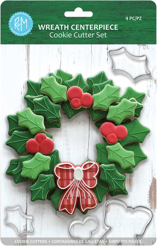 R&M International 2030 Christmas Holiday Wreath Centerpiece Cookie Cutters, Holly Leaves, Berries, Holiday Bow, 4-Piece Set