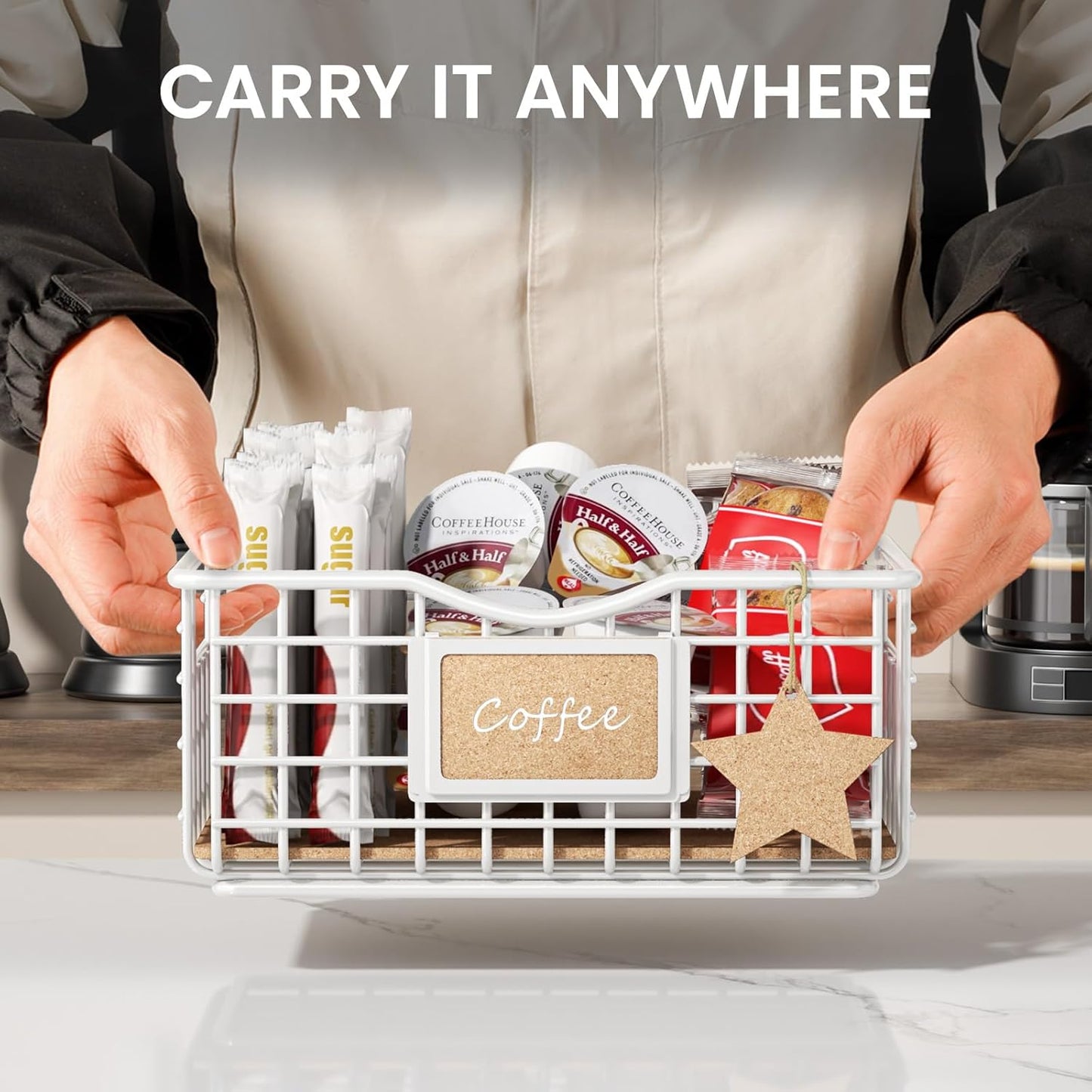 Coffee Pod Holder for Counter and Bar - Large Capacity White Wire Storage Organizer With Cork Liner - Bar Accessories