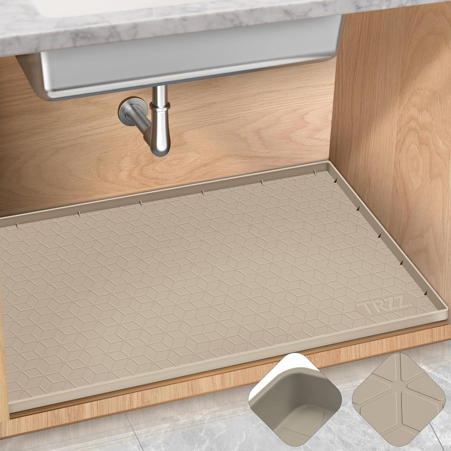 TRZZ Silicone Waterproof Under Sink Mat 31" x 22", Drip Tray and Cabinet Liner for Kitchen and Bathroom, Prevents Water Damage and Organizes Cabinets (Khaki)