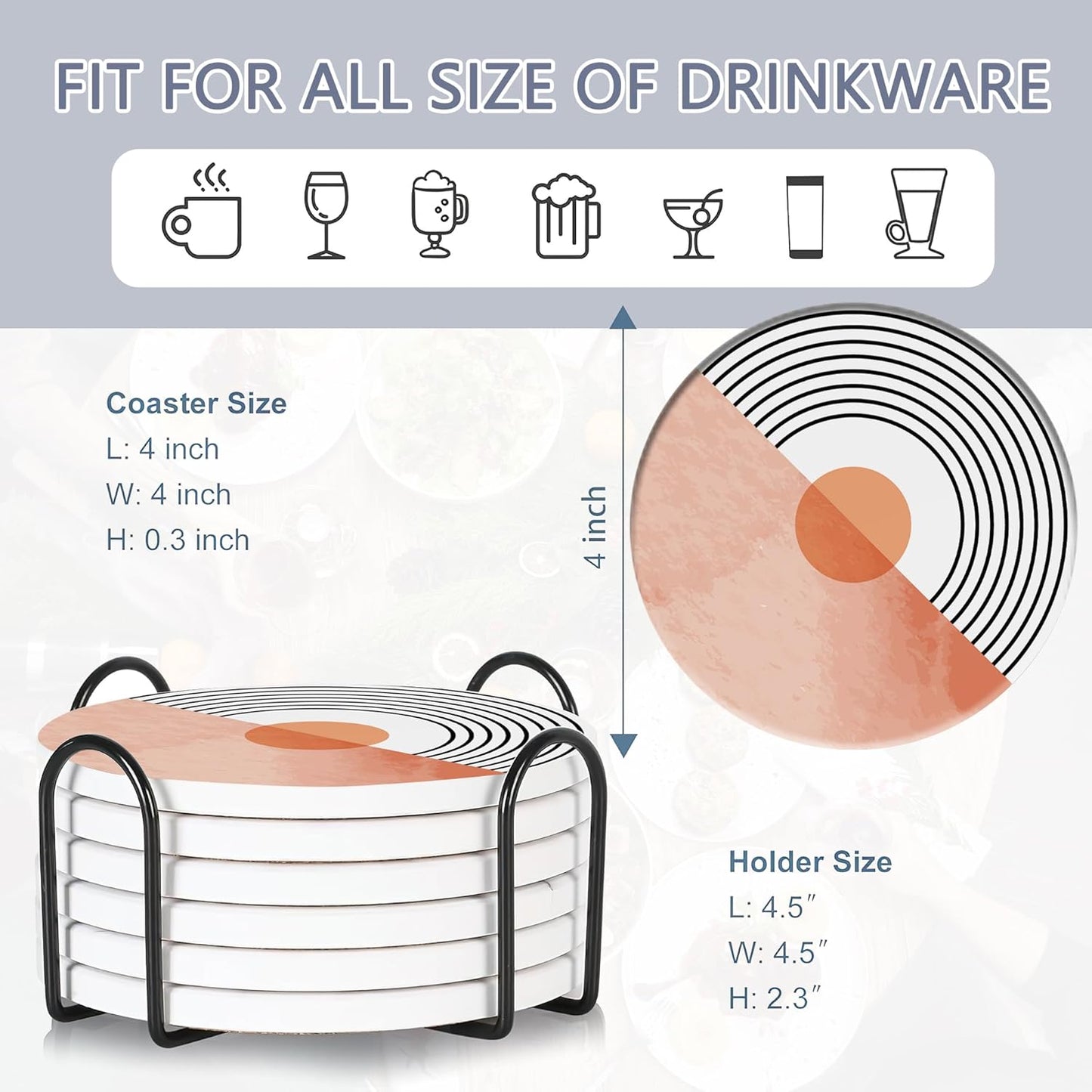 Table Coaster for Drinks Set of 6, Coral Watercolor Series Round Ceramic Coasters,with Cork Base and Metal Holder,Great Housewarming Birthday Gifts,Home Decor