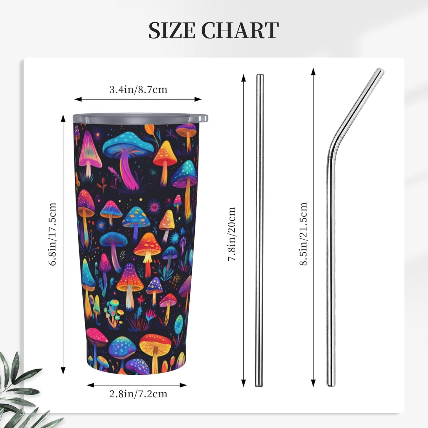 Mushroom Tumbler with Lid and Straw 20oz Coffee Tumblers Leakproof Stainless Steel Travel Mug Vacuum Insulated Cup for Iced and Hot