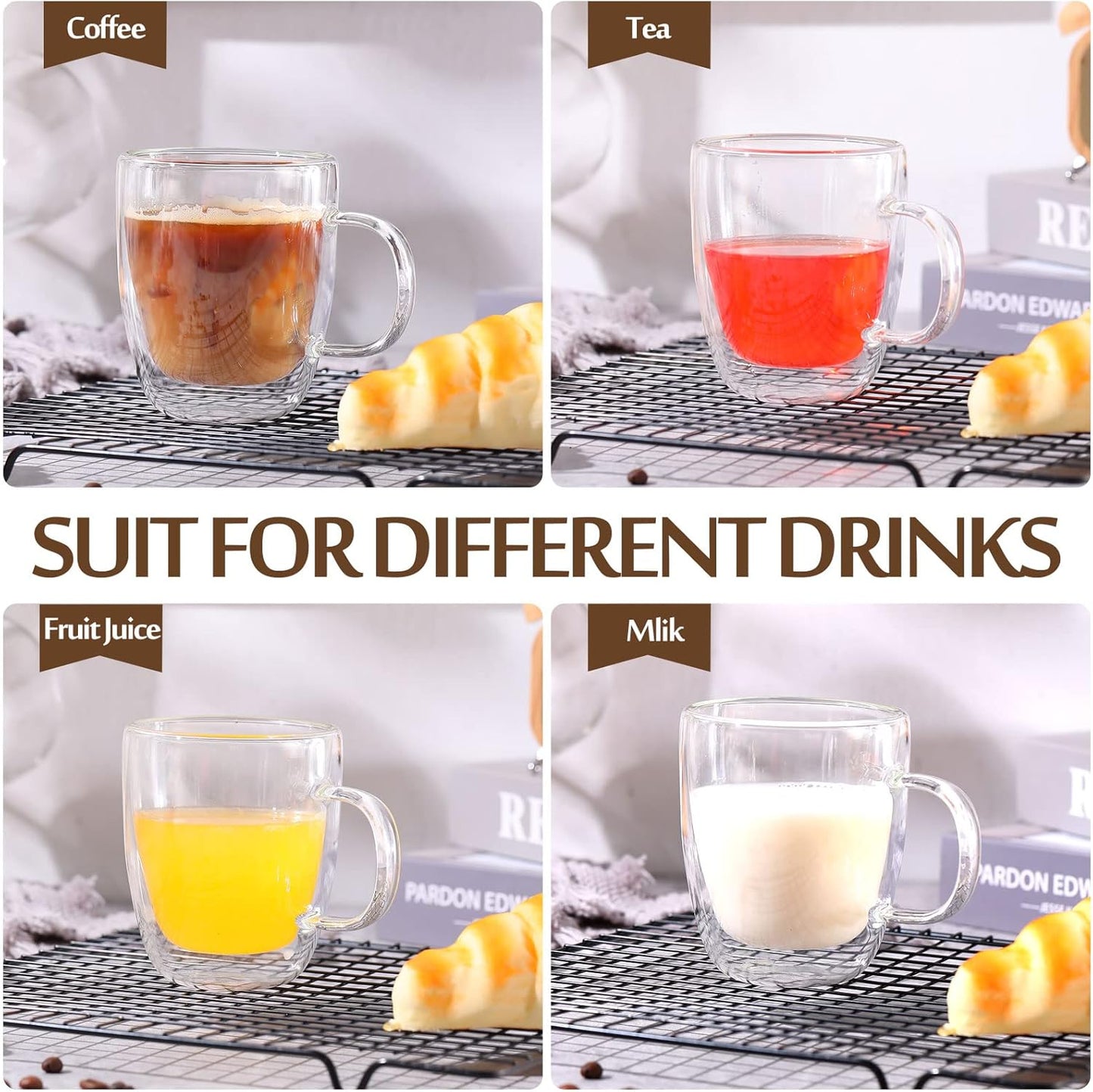 Gerrii Espresso Cups Double Walled Espresso Shot Glass with Handle Cups Insulated Clear Small Shot Glasses for Cappuccino Latte Hot Beverage(8 Pcs,12 oz)