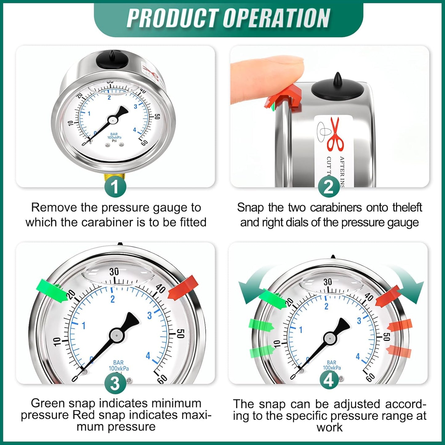 0-60psi Stainless Steel 1/4" NPT 2.5" Dial, Glycerin Liquid Filled Pressure Gauge Lower Mount for Pressure Testing of Water, Oil and Air (with Range Mark Pointer)