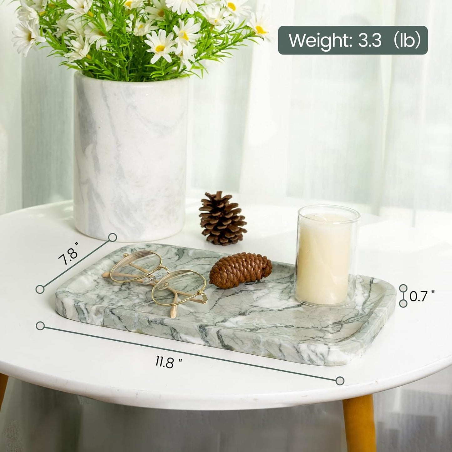 Vanity Tray, Marble Bathroom Tray Countertop, Decorative Dresser Organizer, Green Stone for Perfume Jewelry Holder Storage for Kitchen Sink(Light Green)