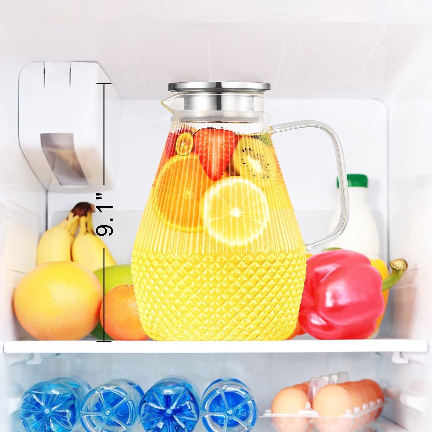 Glass Pitcher with Lid and Spout, veecom 80oz Water Pitchers for Drinks, Large Glass Jug for Juice, Lemonade, Beverage, Iced Tea Pitcher for Fridge, Heat Resistant Water Carafe with Brush