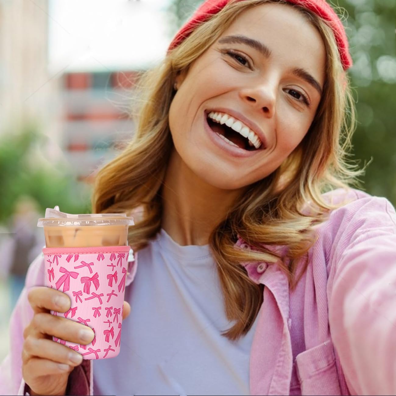 Reusable 3-Pack Iced Coffee Cup Sleeve, Insulated Neoprene, Beverage Holder for Iced Coffee, Durable Drink Sleeve for Cold Beverages, Pink Bows