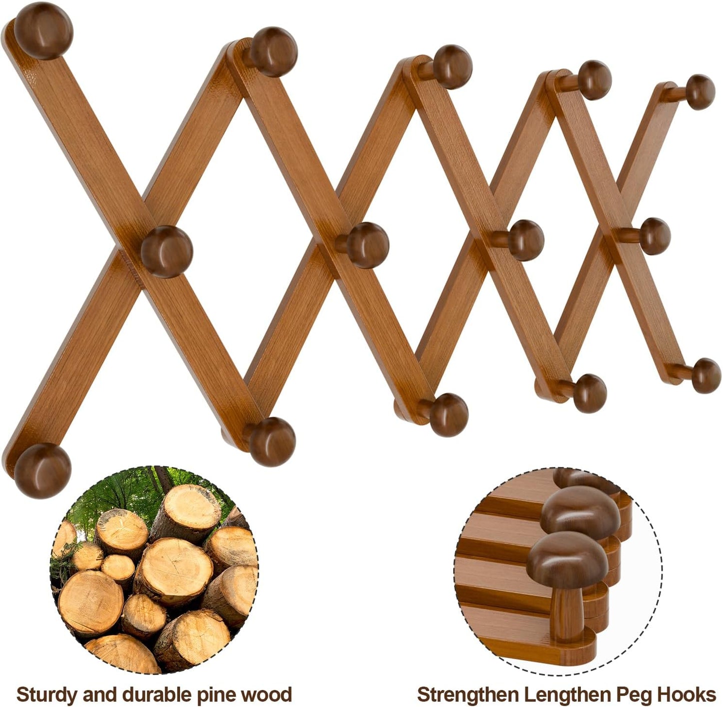 Accordion Wall Hanger 14 Hooks, Expandable Coat Rack Wall Mount for Coats, Hats, Bags, Baseball Caps, Solid Wooden