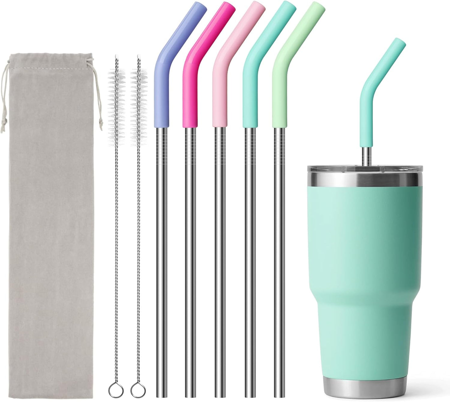 Stainless Steel Straw for 30 oz YETI Tumbler, 9.5in Metal Straight Straws Reusable with Silicone Tip for Milk, Juice, Cola, Coffee- 2 Cleaning Brushes & 1 Portable Bag