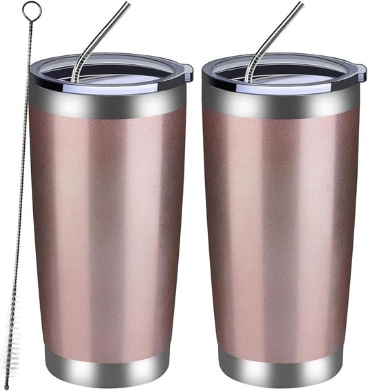MEWAY 20oz Tumbler 2 Pack Double Wall Vacuum Insulated Travel Mug Bulk, Stainless Steel Tumblers with Lid and Straw, Durable Powder Coated Coffee Cups for Cold & Hot Drinks (Rose Gold, 2)