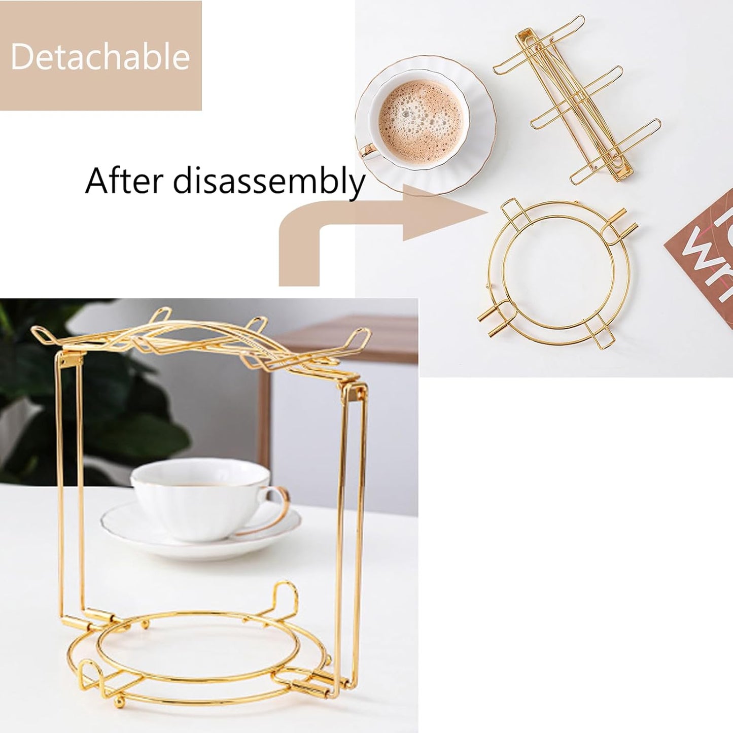 Tea Cups Holder,Gold Metal Coffee Cup Tea Cups Rack,Foldable Organizer for Coffee Cup Spoon and Saucers