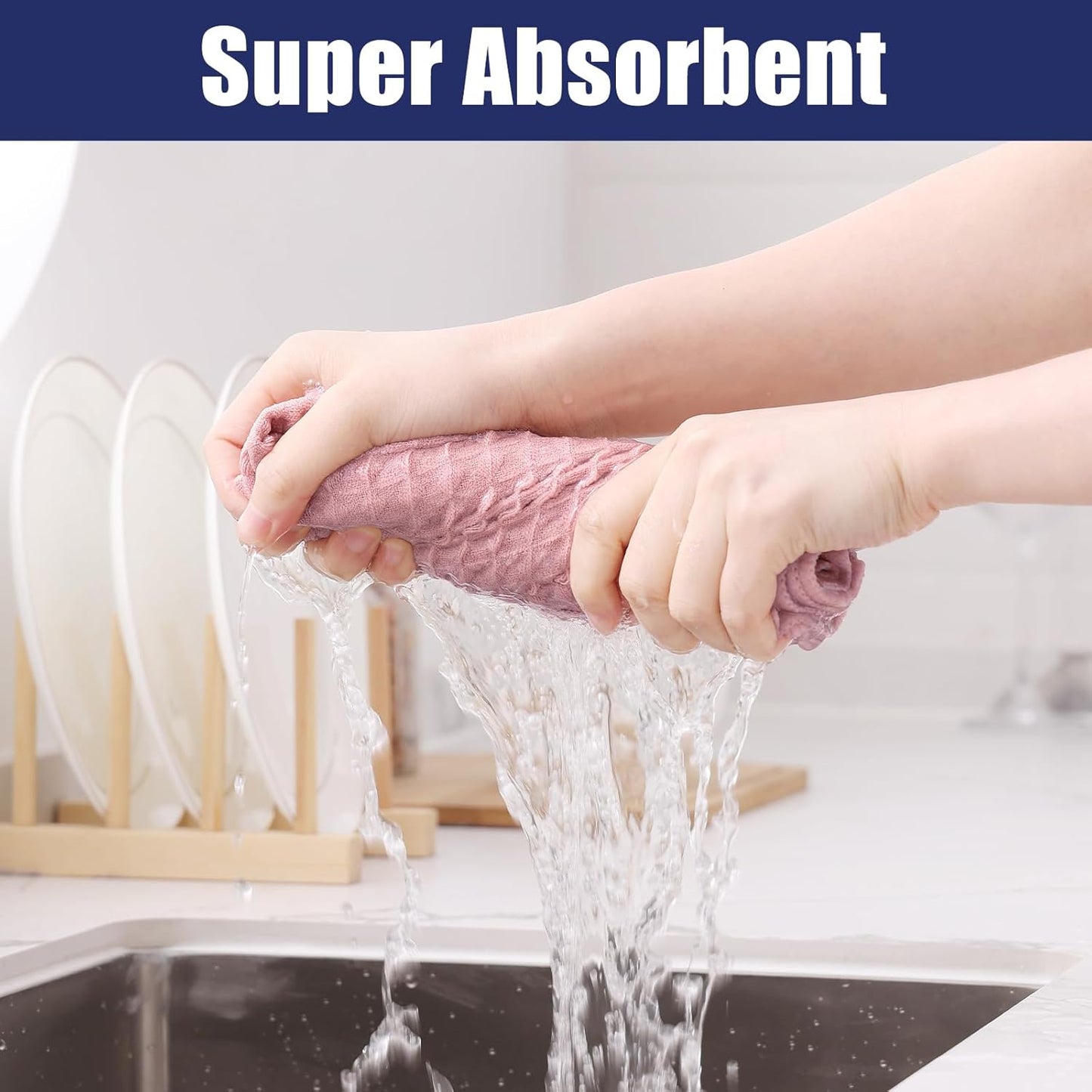 Homaxy Microfiber Waffle Weave Kitchen Towels, 16 x 28 Inch Ultra Absorbent and Solid Color Dish Towels, 4 Pack, Pink