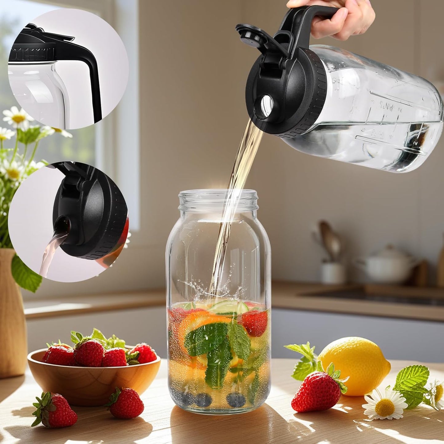 2 Pack 64oz Glass Mason Jar Pitchers with Airtight Lids & Handles – Wide Mouth, Leak-Proof Jars for Sun Tea, Cold Brew, Lemonade, Iced Coffee, and More