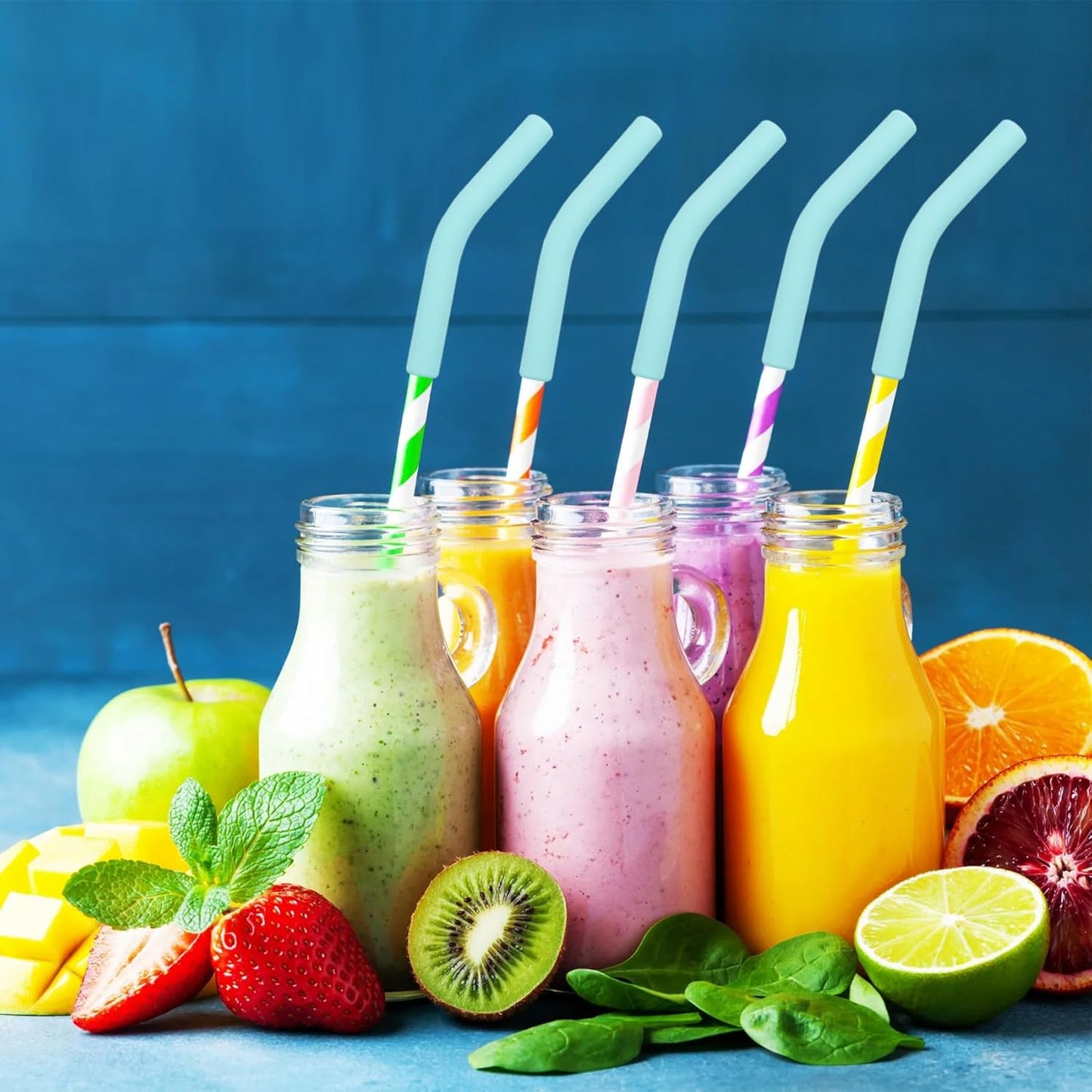 6pcs Food-Grade Silicone Metal Straw Tips, Reusable Flex Elbow Straws Cover Replacement Tips, Soft Straw Toppers Kits for 8 mm Stainless Steel Metal Straws - Mint Green