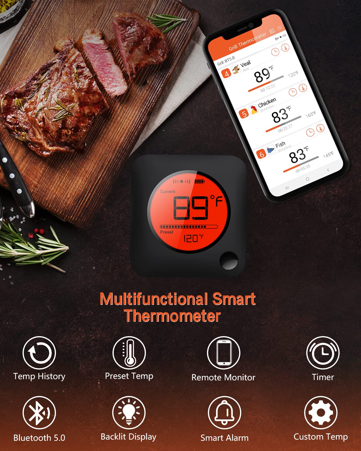 BFOUR Bluetooth Meat Thermometer Wireless Meat Thermometer, Wireless Digital Grill Thermometer with 6 Temperature Probes, Large LCD Display, Bluetooth Thermometer for Grill, Smoker, Oven and BBQ