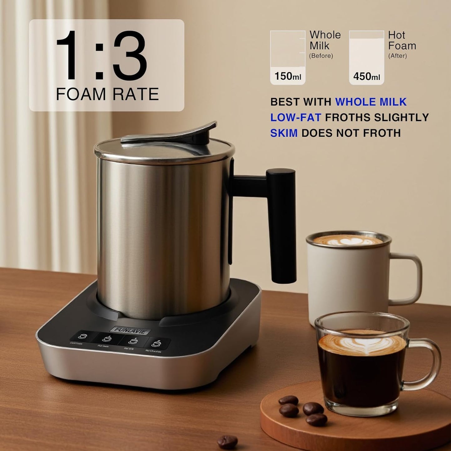 Electric Milk Frother and Steamer, 400ml(13.5oz) 4-in-1 Stainless Steel Pitcher with Auto Shut-Off, Hot & Cold Foam Maker and Milk Warmer for Lattes, Cappuccinos, Macchiato, Dishwasher Safe