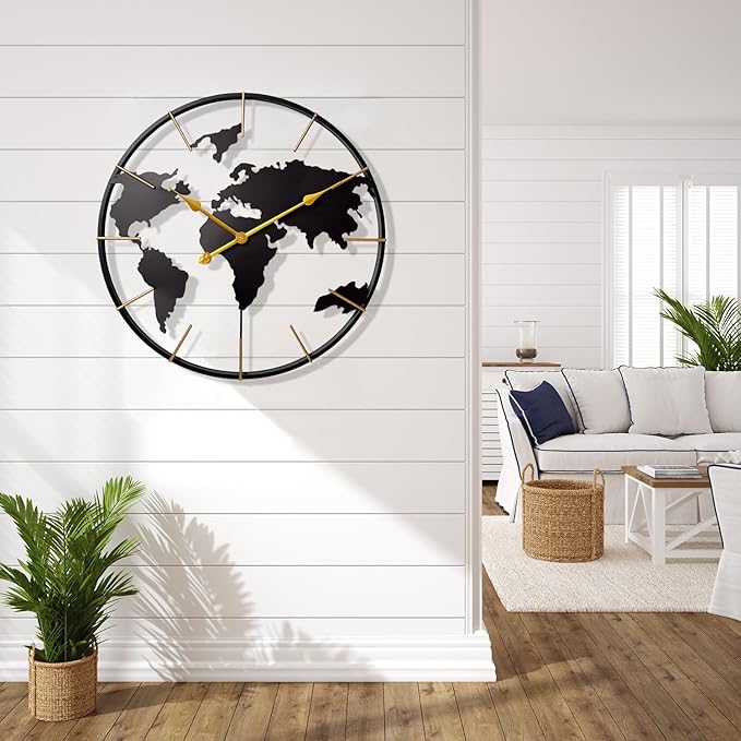 Large World Map Wall Clock, Metal Minimalist Modern Clock, Round Silent - Image 5
