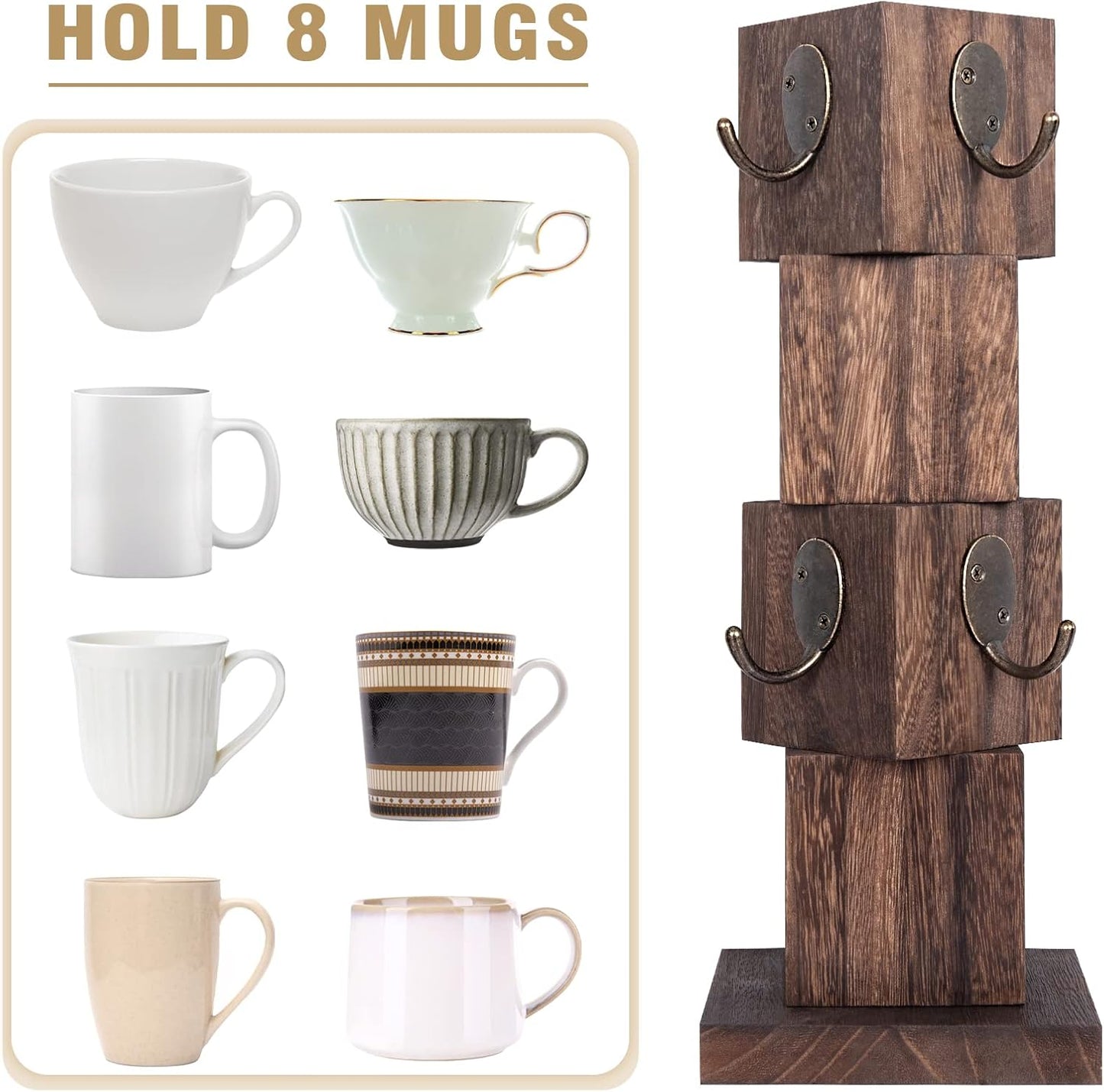 Coffee Mug Holder Tree, Rustic Solid Wood Mug Tree Stand with 8 Hooks, Farmhouse Coffee Cup Holder for Counter, Mug Hanger for Kitchen Organizer, Brown
