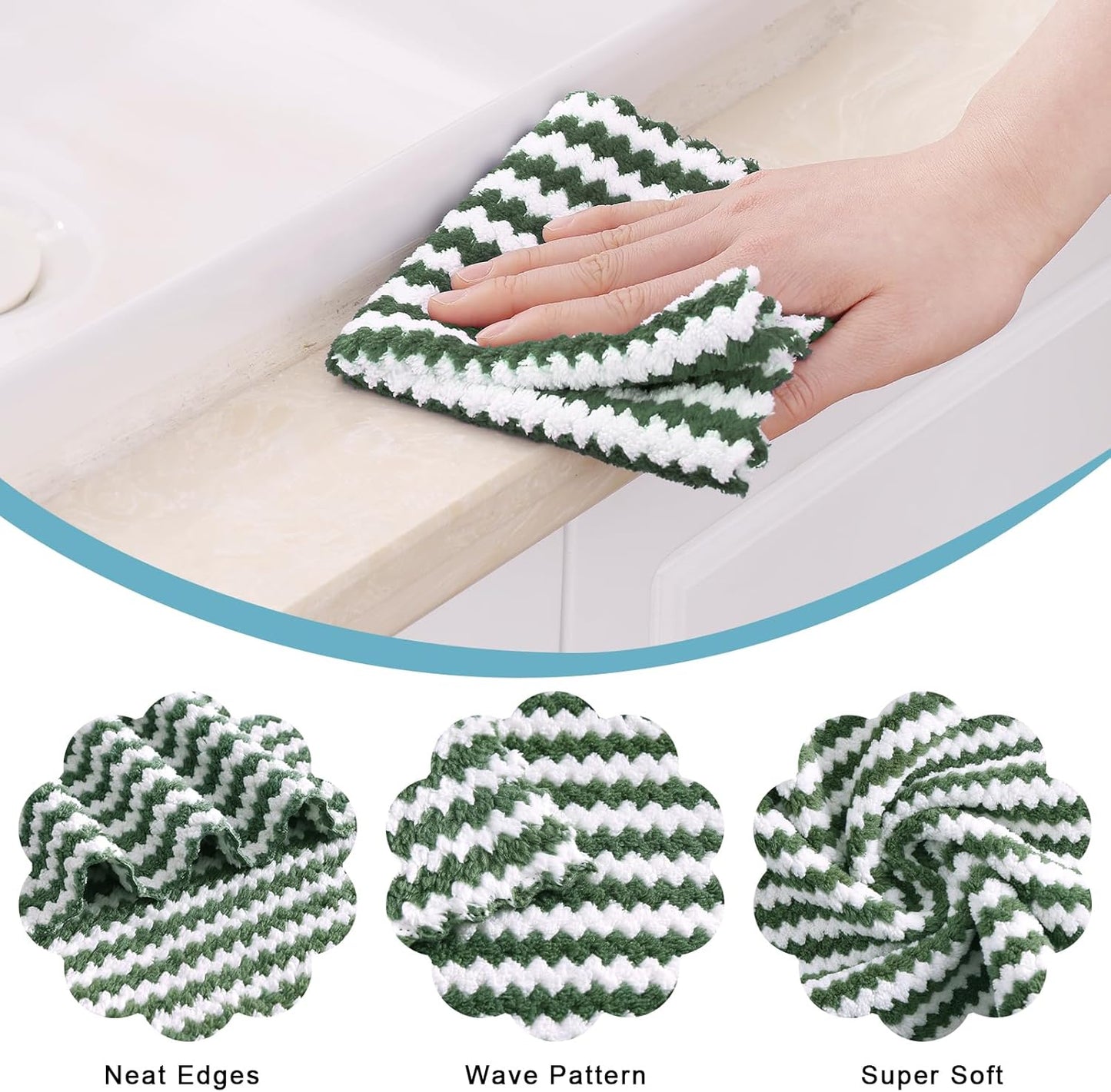 Homaxy 18 Pack Kitchen Dish Cloths, Ultra Soft and Absorbent Dish Towels, Reusable Fast Drying Microfiber Cleaning Cloth, Coral Velvet Wave Design No-lint, 10 x 10 inches, Blue/Pink/Grass Green