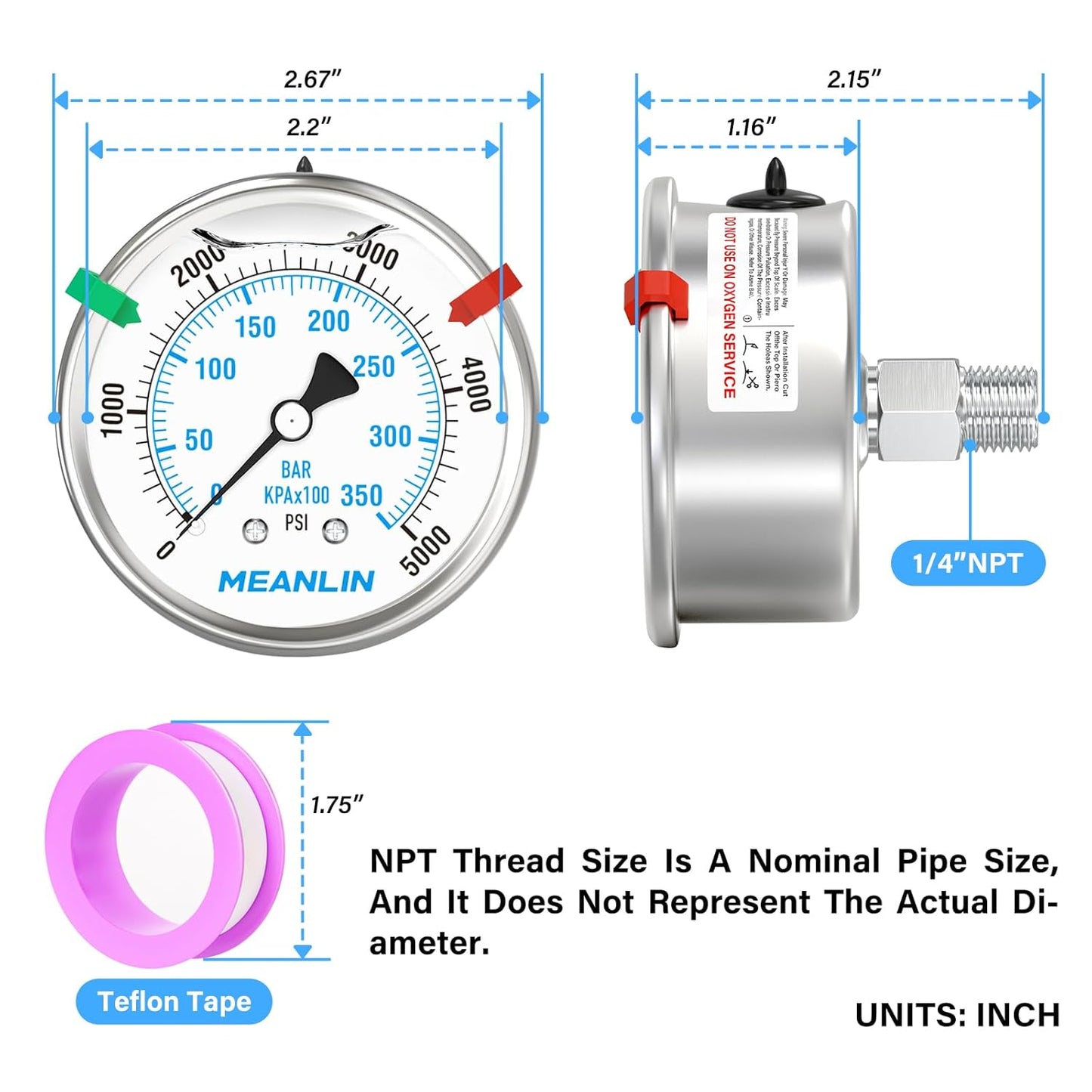 MEANLIN MEASURE 0~5000Psi Liquid Filled Pressure Gauge Stainless Steel 2.5" FACE DIAL 1/4" NPT 316 Stainless Steel Joint for WOG Water Oil Air Back Mount, with 2PCS Snaps