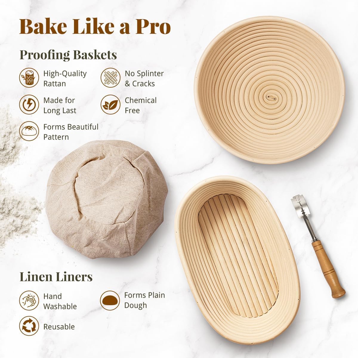9 Inch Round Banneton Bread Proofing Basket Sourdough Starter Kit, Sourdough Bread Baking Supplies with Bread Lame, Sling, Spatula, Scraper, Dough Whisk
