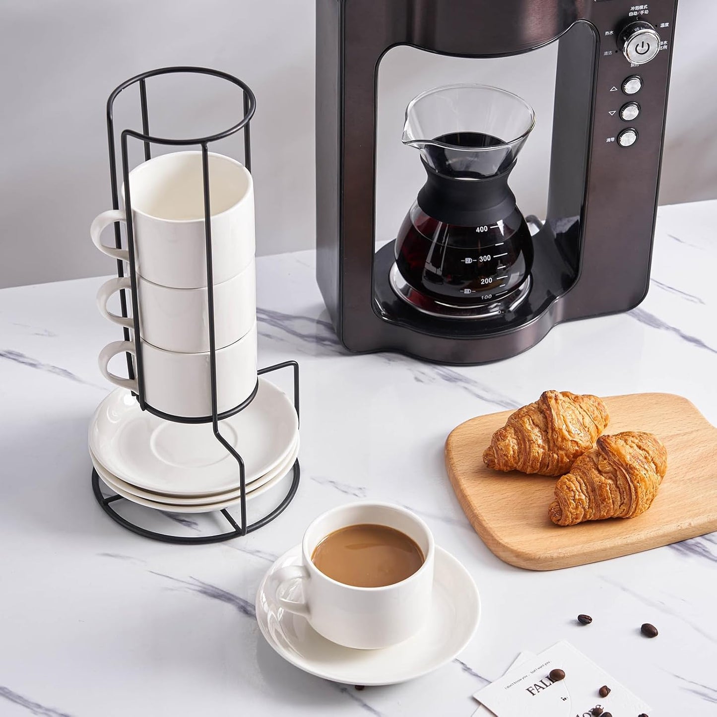 YOLIFE 8oz Porcelain Stackable Cappuccino Cups with Saucers and Metal Stand Set of 4, Coffee cups for Espresso, Specialty Coffee Drinks, Latte, Americano and Tea - White