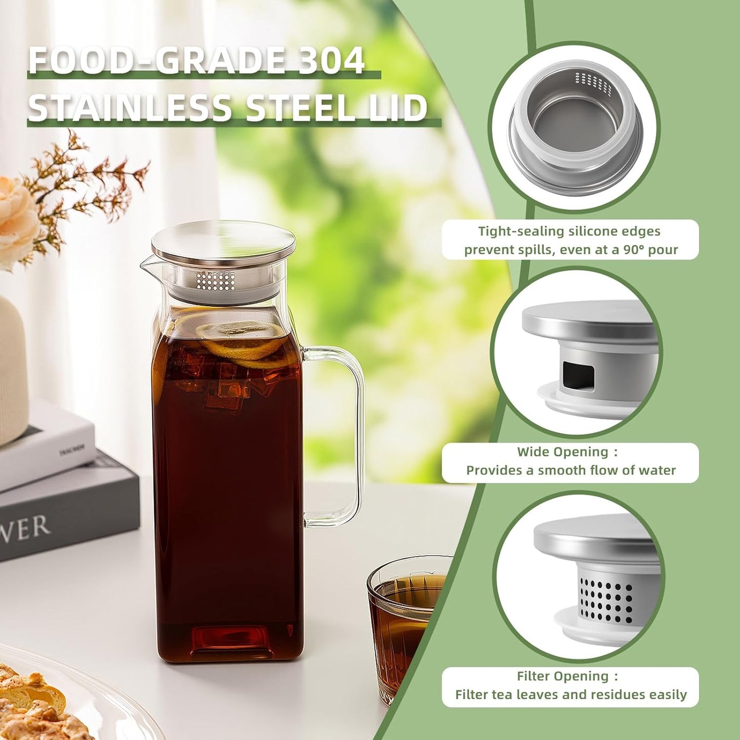 Glass Pitcher, 2 Pack 2L/68oz Glass Water Pitcher with Lid and Spout, Heat/Cold Resistant Borosilicate Glass Water Carafe for Coffee, Juice and Homemade Beverage (TG05)