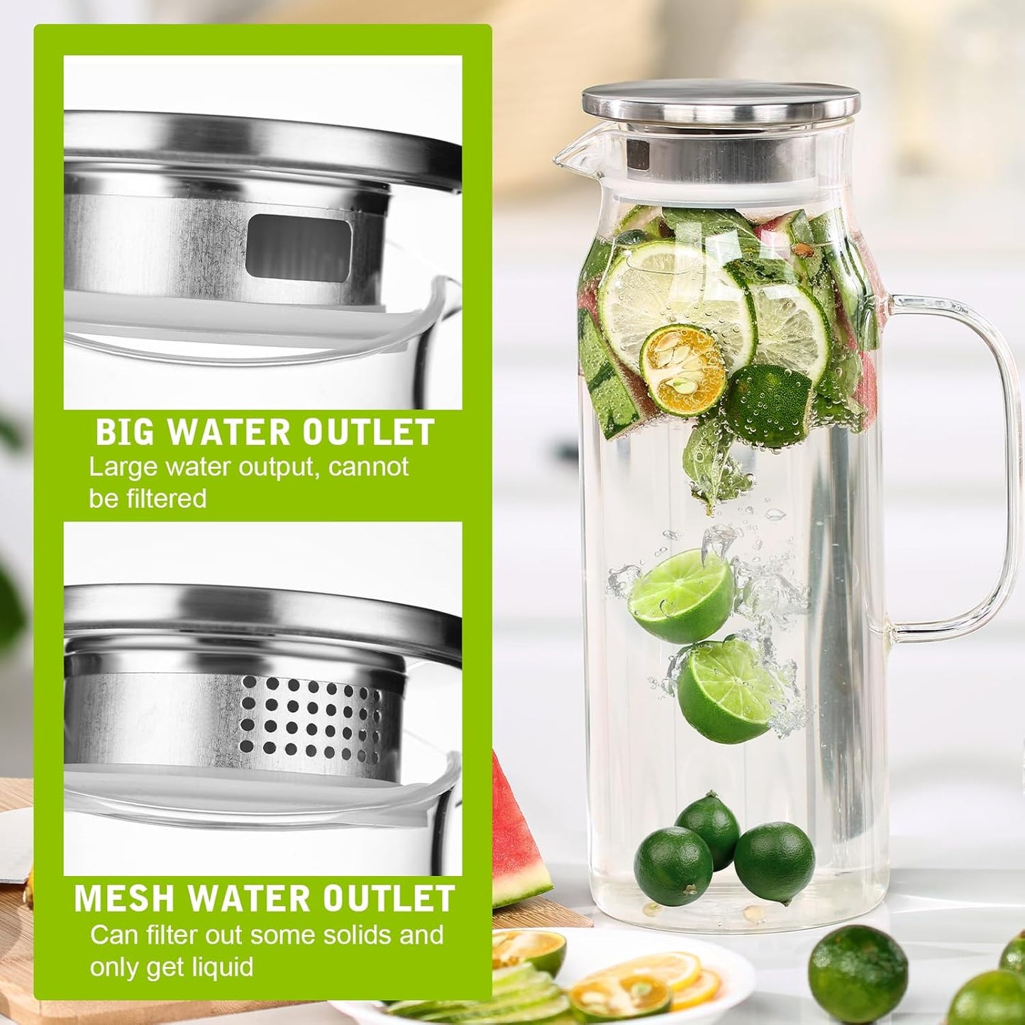 2 Pack 2L/68 oz Glass Pitcher with Lid and Handle,Square Water Pitchers for Fridge, Leak-Proof Spout,Large Ice Tea Jug for Hot/Cold Drinks, Ideal for Cold Brew, Juice, Iced Tea