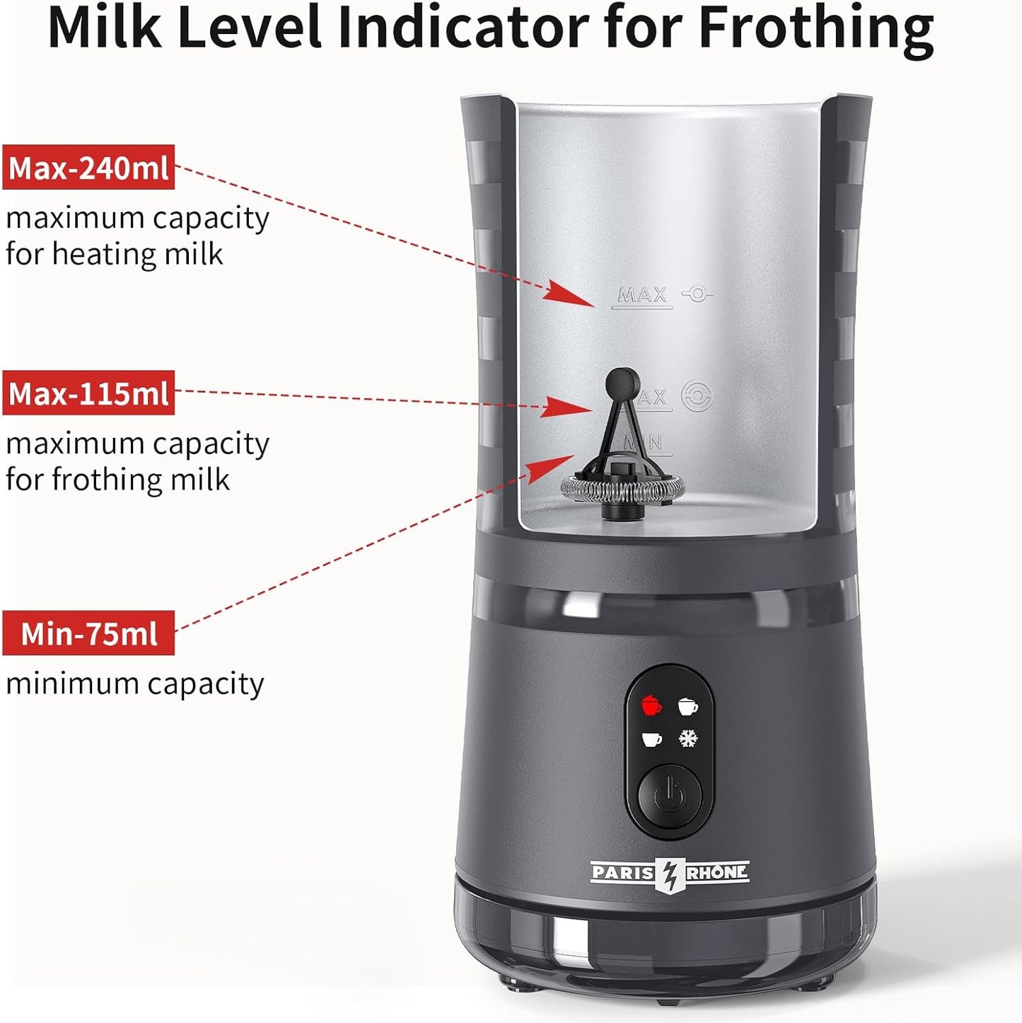 Paris Rhône Milk Frother, 4-in-1 Milk Steamer and Frother, Hot & Cold Foam Milk Warmer with Temperature Control(Grey)